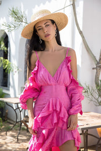 Colby Pink Cold Shoulder Dip Back Hem Ruffle Dress