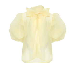 Blake Lemon Organza Puff Sleeve Blouse With Bow Tie