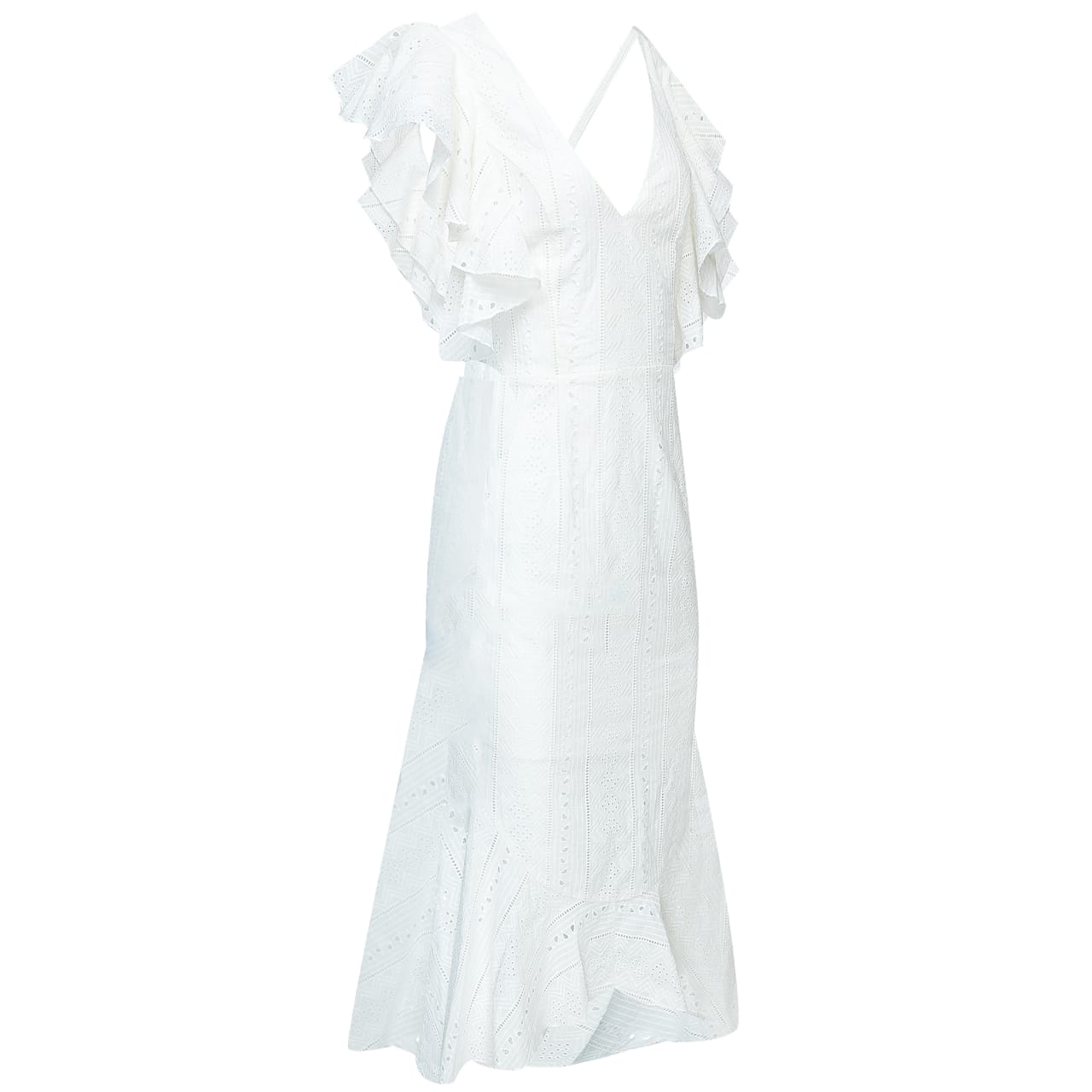 Athena white ruffle short sleeve midi embroidery dress