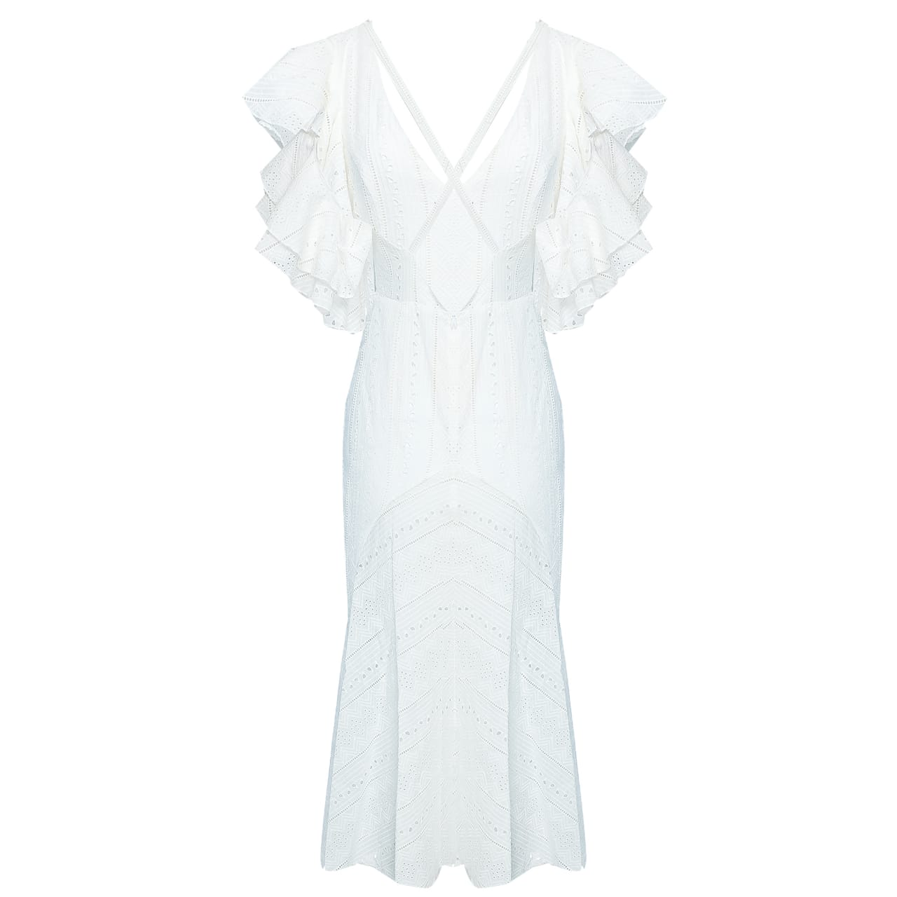 Athena white ruffle short sleeve midi embroidery dress