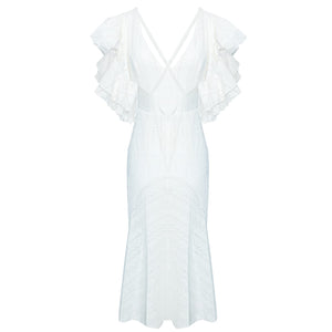 Athena white ruffle short sleeve midi embroidery dress